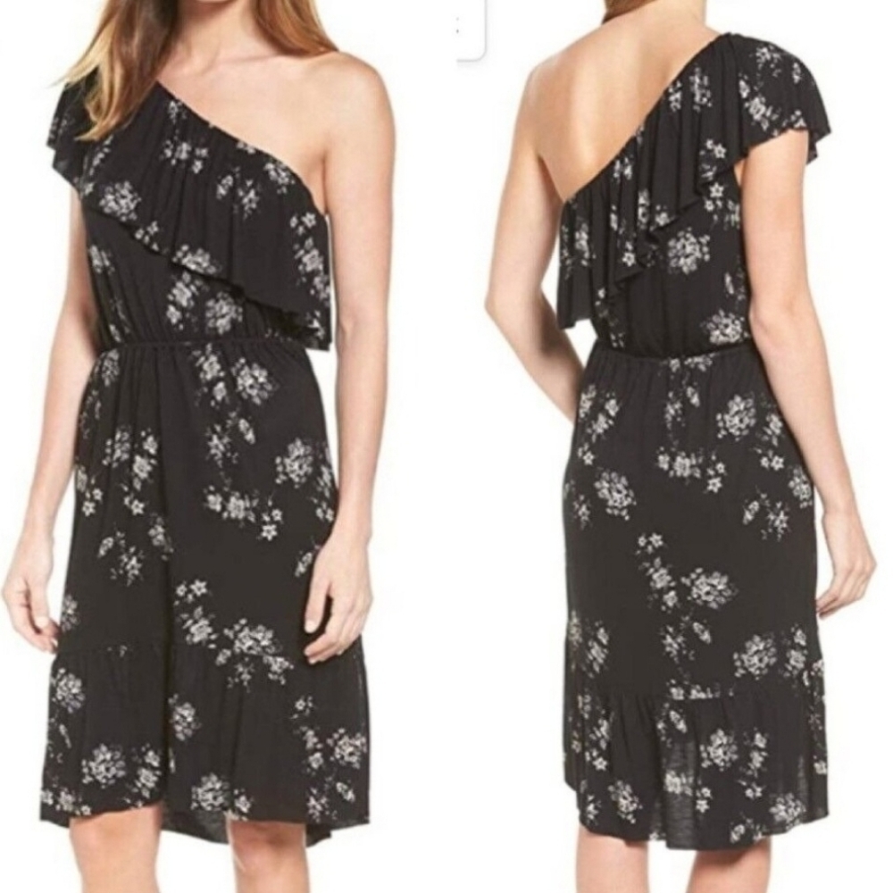 NWT Lucky Brand One Shoulder Ruffled Black Floral Dress Knee Length Size Small - Picture 2 of 13